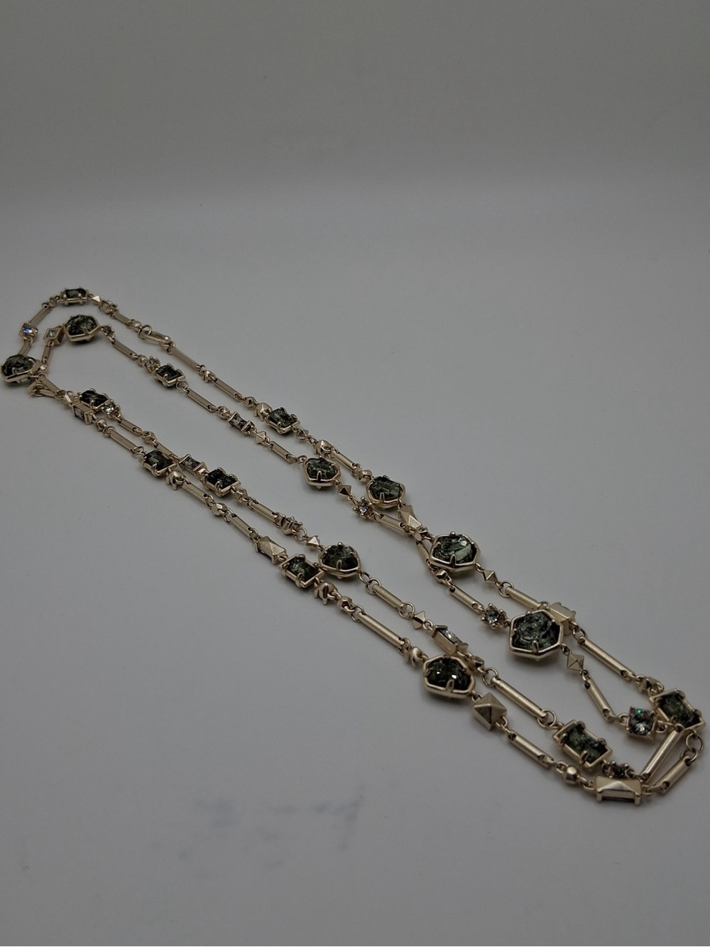Kendra Scott Long Gold Tone Green Stone Station Necklace Geometric Designer